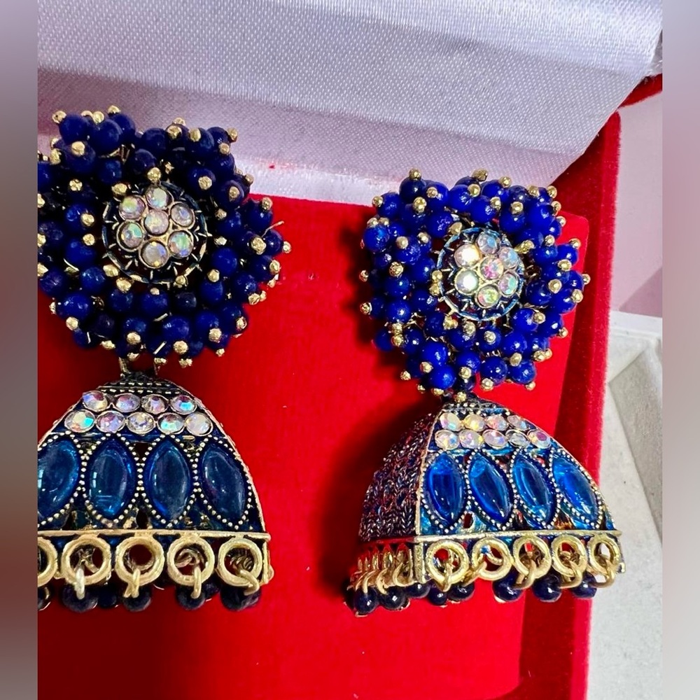 Royal Blue Beaded Jhumka Earrings with Gold Accents
